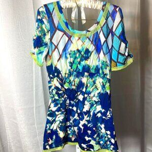 Save the Queen Tunic Length Top in Blue Multi - Size 14 US
